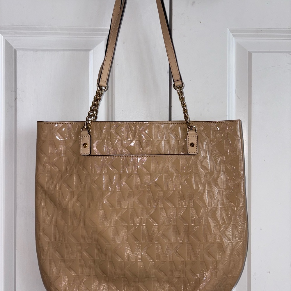 Michael Kors Nude Patent MK-Logo Tote with Gold Chain Straps